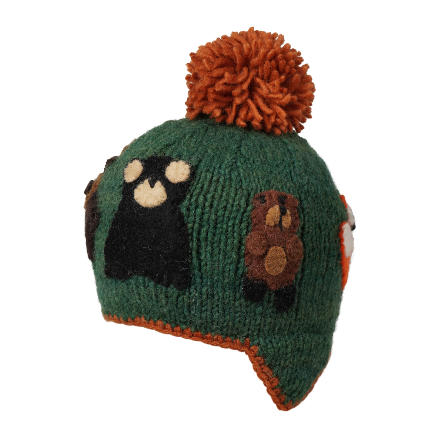 Ambler Canuck handknit kids' toque in green with felted creatures and medium contrast colour pom. 