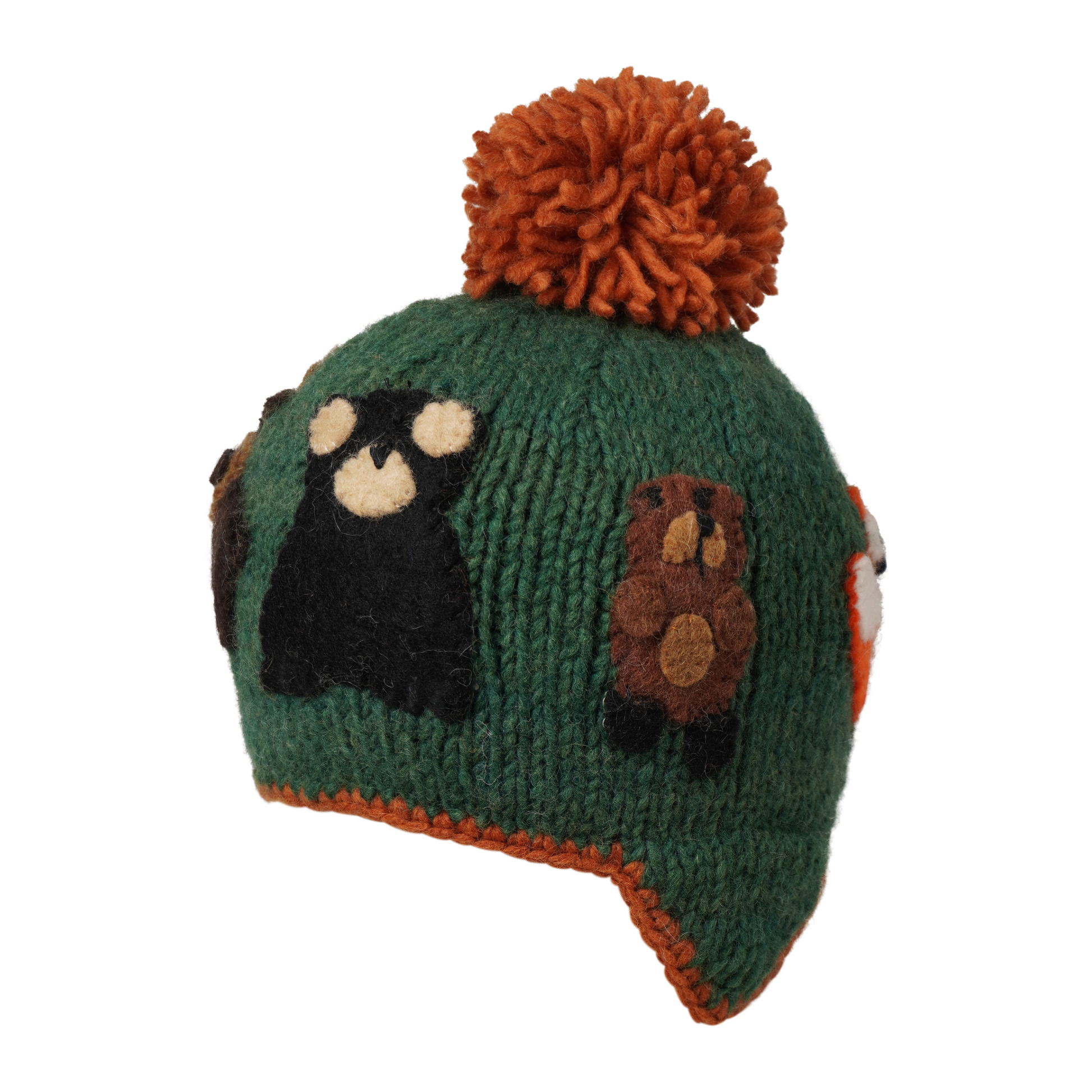 Ambler Canuck handknit kids' toque in green with felted creatures and medium contrast colour pom. 