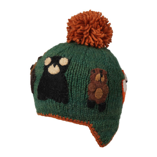 Ambler Canuck handknit kids' toque in green with felted creatures and medium contrast colour pom. 