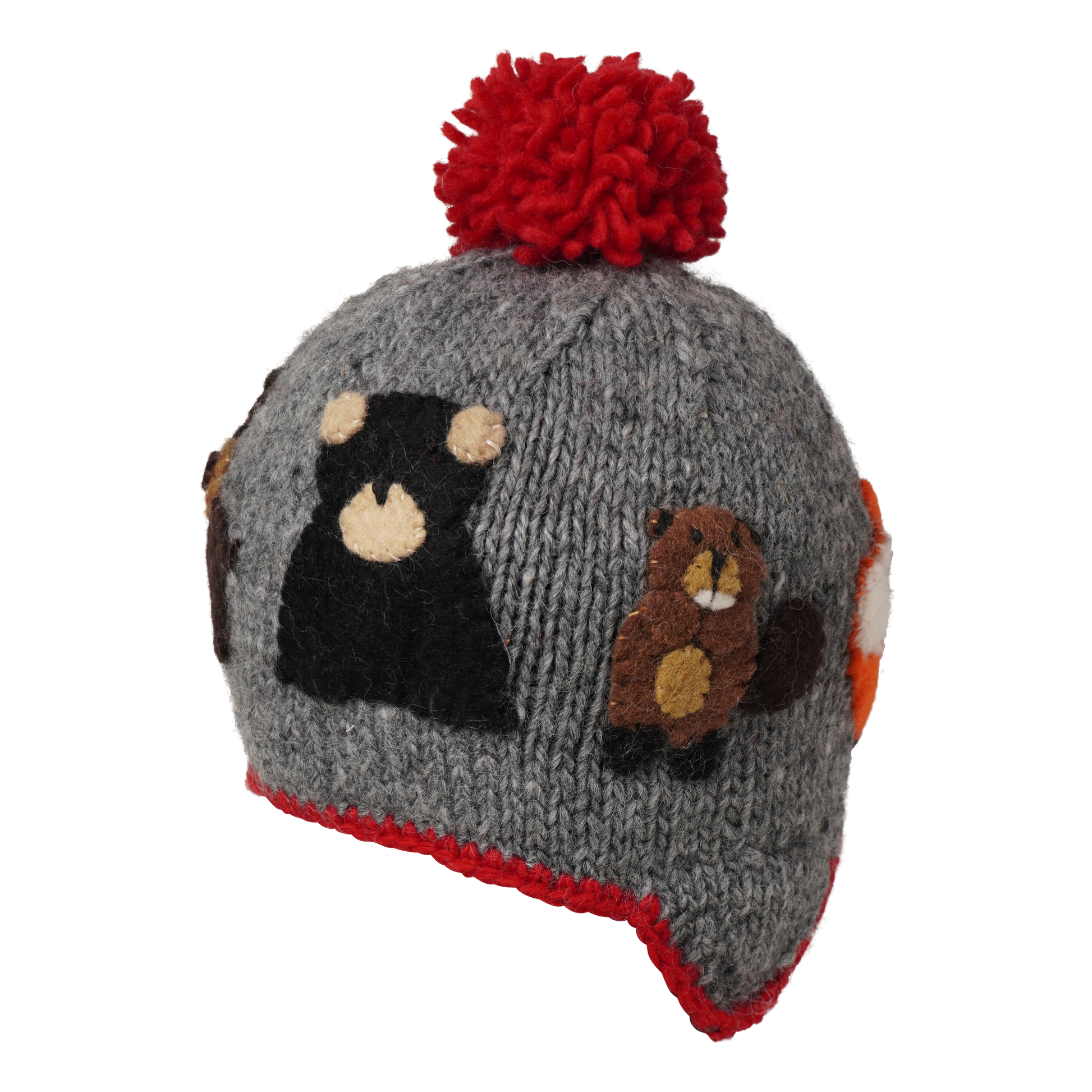 Ambler Canuck handknit kids' toque in heather grey with felted creatures and medium contrast colour pom. 