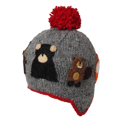 Ambler Canuck handknit kids' toque in heather grey with felted creatures and medium contrast colour pom. 