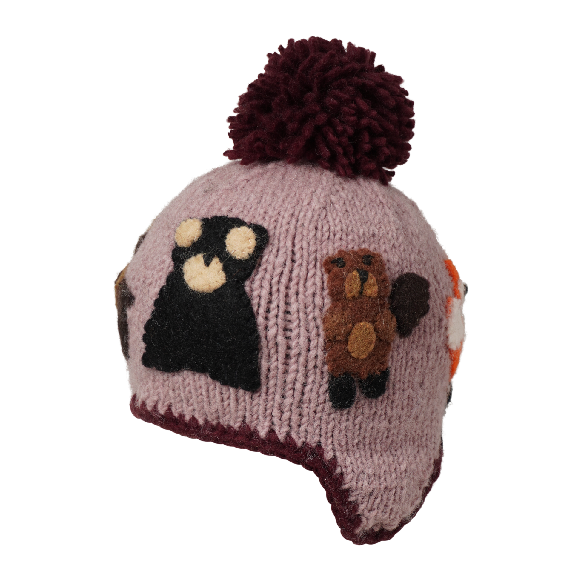 Ambler Canuck handknit kids' toque in mauve with felted creatures and medium contrast colour pom. 