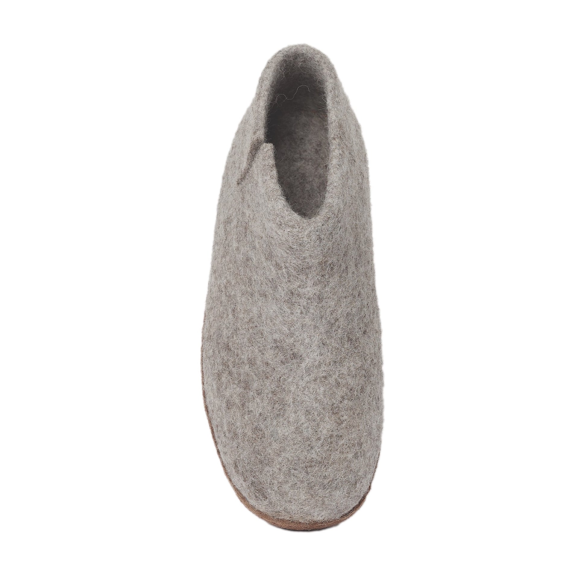Front angle Ambler Carlyle wool felt slipper boots in heather grey. 