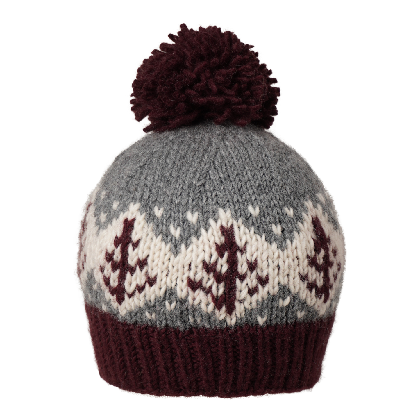 Ambler Cedar handknit wool toque in deep red with jacquard design and medium pom. 