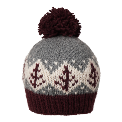 Ambler Cedar handknit wool toque in deep red with jacquard design and medium pom. 