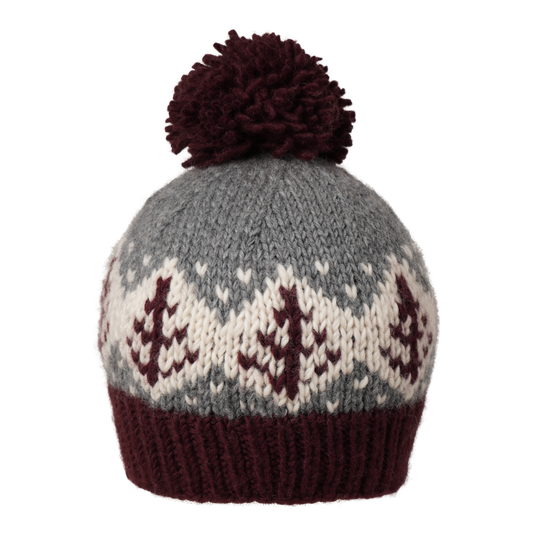 Ambler Cedar handknit wool toque in deep red with jacquard design and medium pom. 