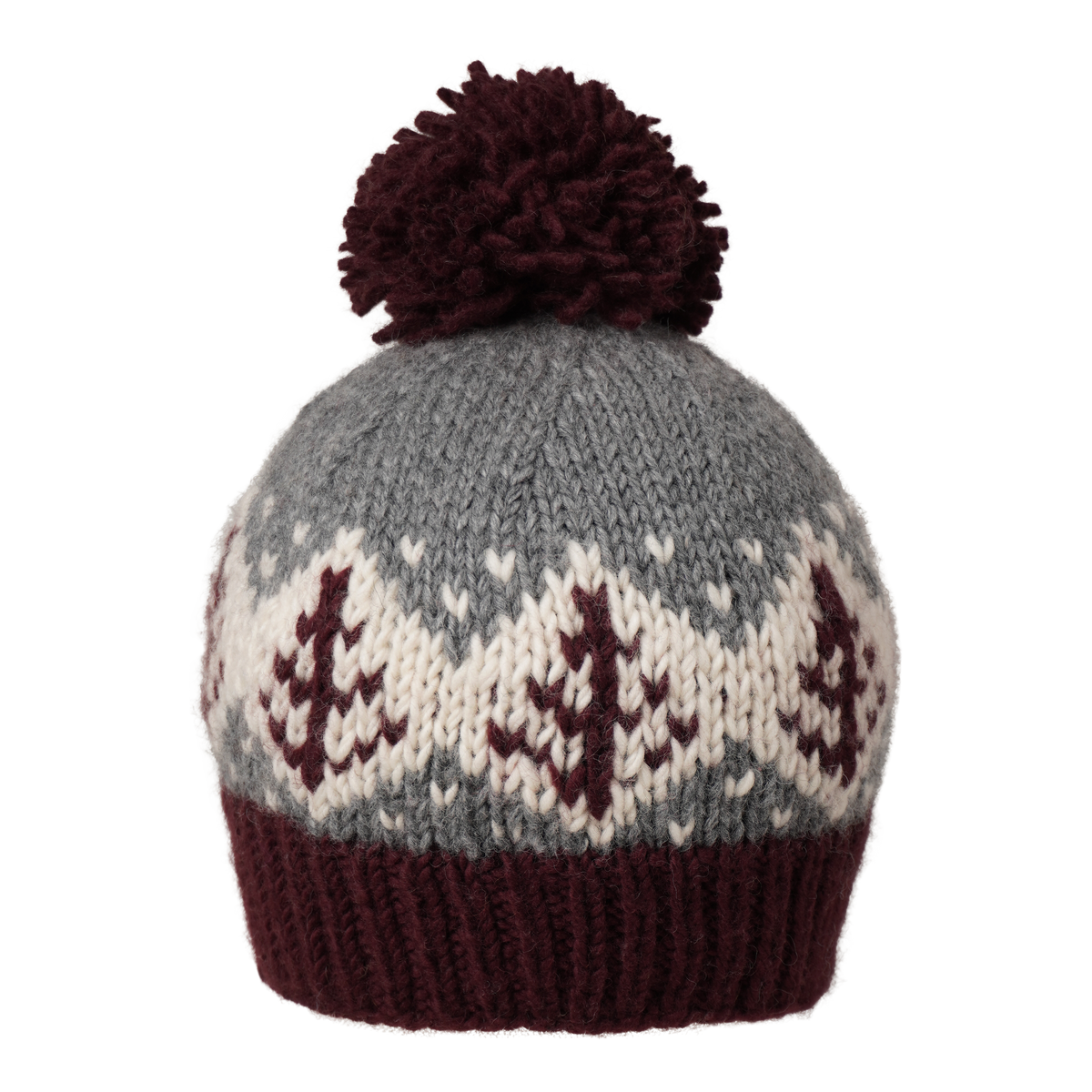Ambler Cedar handknit wool toque in deep red with jacquard design and medium pom. 