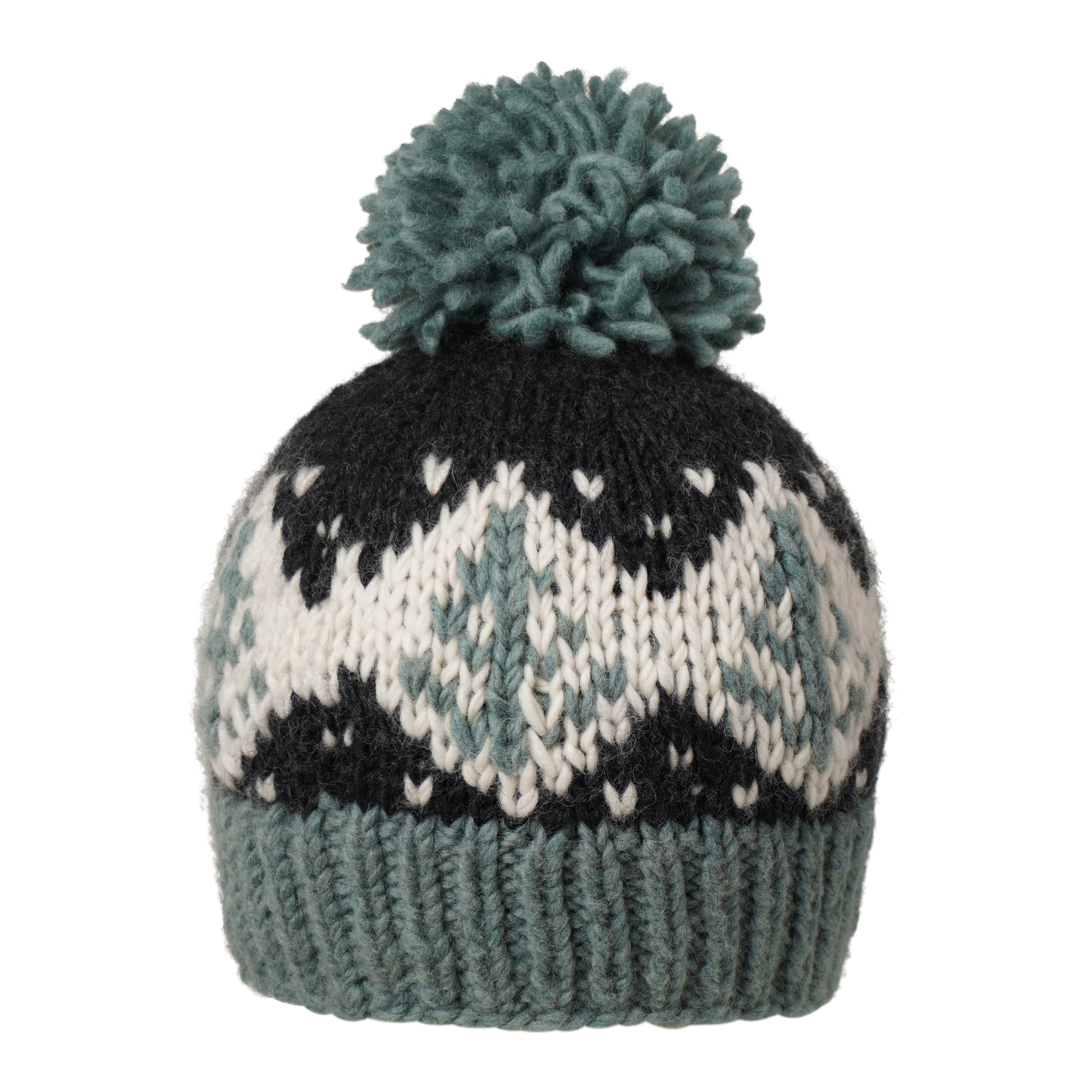 Ambler Cedar handknit wool toque in eucalyptus with jacquard design and medium pom. 