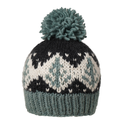 Ambler Cedar handknit wool toque in eucalyptus with jacquard design and medium pom. 