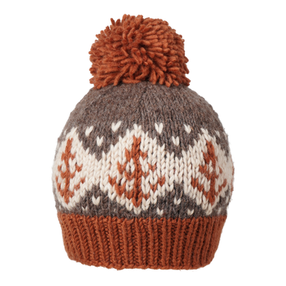 Ambler Cedar handknit wool toque in rust with jacquard design and medium pom. 