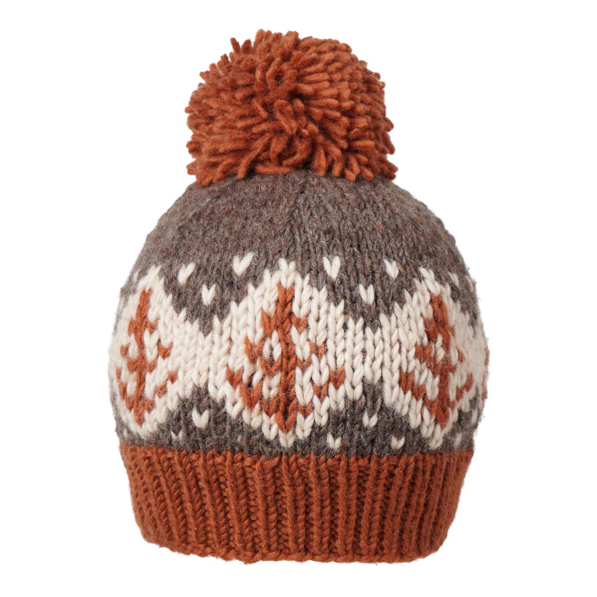 Ambler Cedar handknit wool toque in rust with jacquard design and medium pom. 
