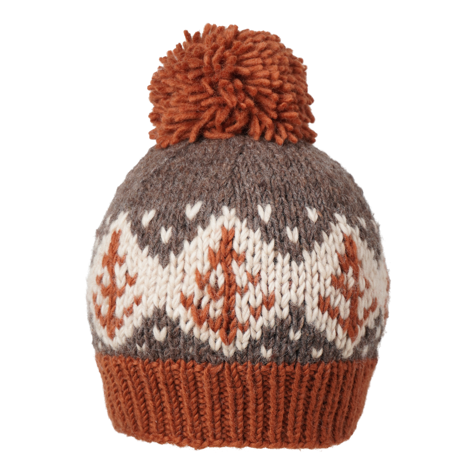 Ambler Cedar handknit wool toque in rust with jacquard design and medium pom. 