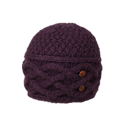 Ambler Celtic handknit toque in dark plum with cable knit and buttons. 