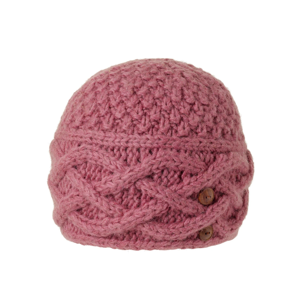 Ambler Celtic handknit toque in dark rose with cable knit and buttons. 