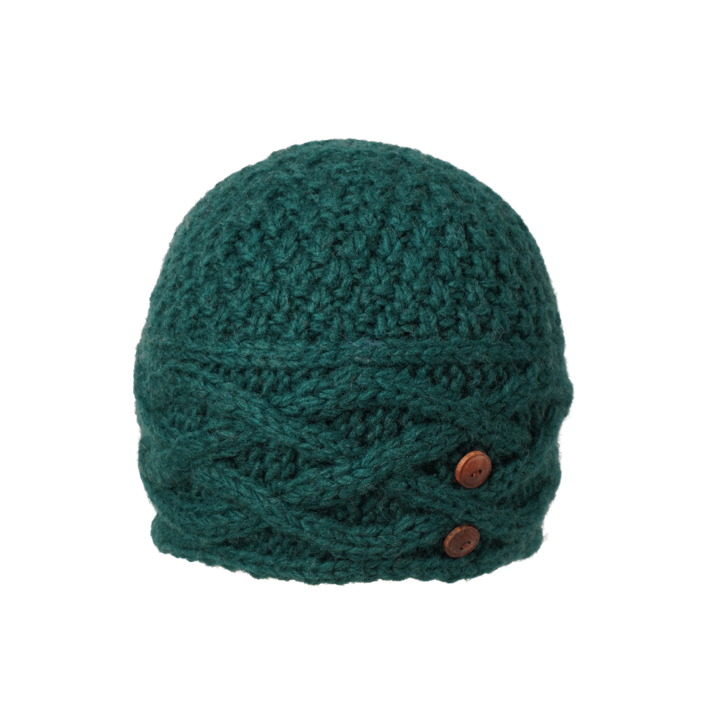 Ambler Celtic handknit toque in forest with cable knit and buttons. 