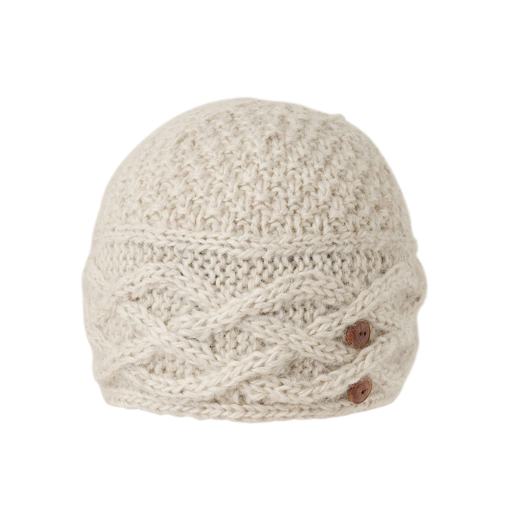 Ambler Celtic handknit toque in heather stone with cable knit and buttons. 
