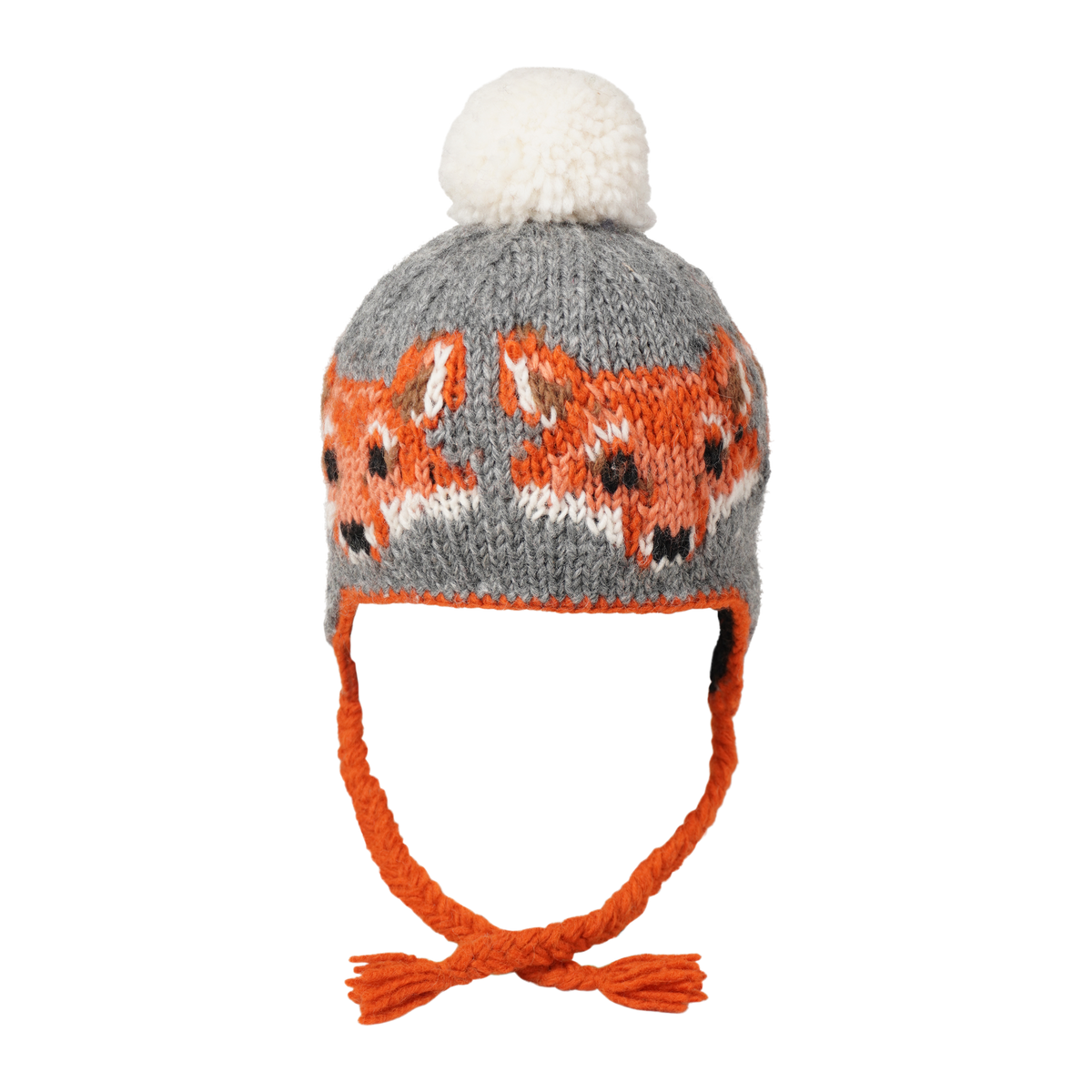 Ambler Creatures handknit kids' toque in heather grey with knitted fox faces, coloured tassels and pom.