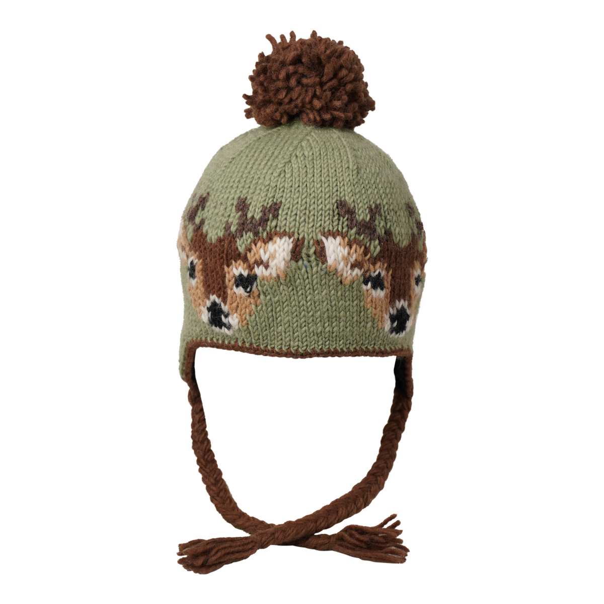 Ambler Creatures handknit kids' toque in ice green with knitted deer faces, coloured tassels and pom.