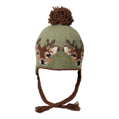 Ambler Creatures handknit kids' toque in ice green with knitted deer faces, coloured tassels and pom.