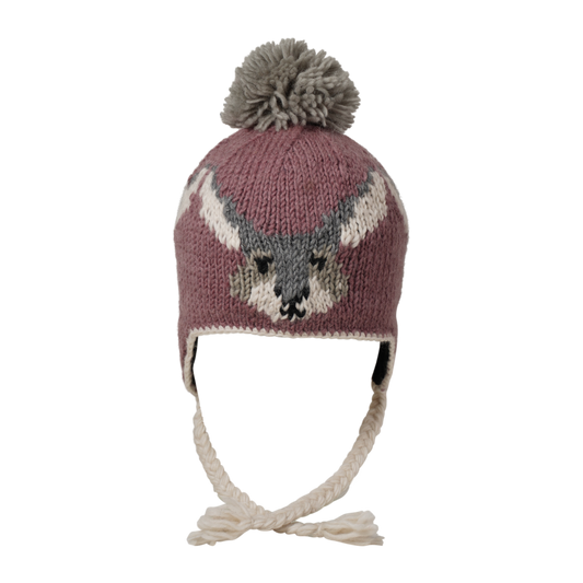 Ambler Creatures handknit kids' toque in wild ginger with knitted rabbit faces, coloured tassels and pom.