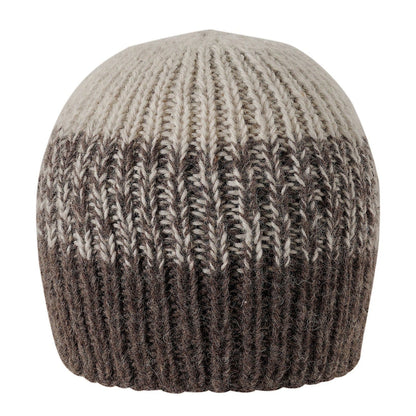 Ambler Cypress handknit men's toque in heather brown with tri-colour ribbed pattern. 