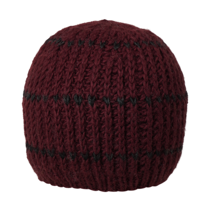 Ambler Deven handknit men's toque in deep red with ribbed pattern and fleece headband lining. 