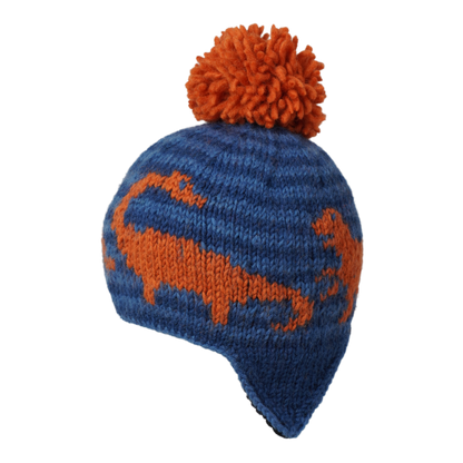 Ambler Dino handknit kids' toque in blue with embroidered dinosaur pattern and contrast colour pom. 