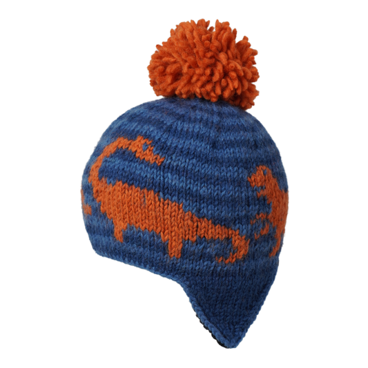 Ambler Dino handknit kids' toque in blue with embroidered dinosaur pattern and contrast colour pom. 