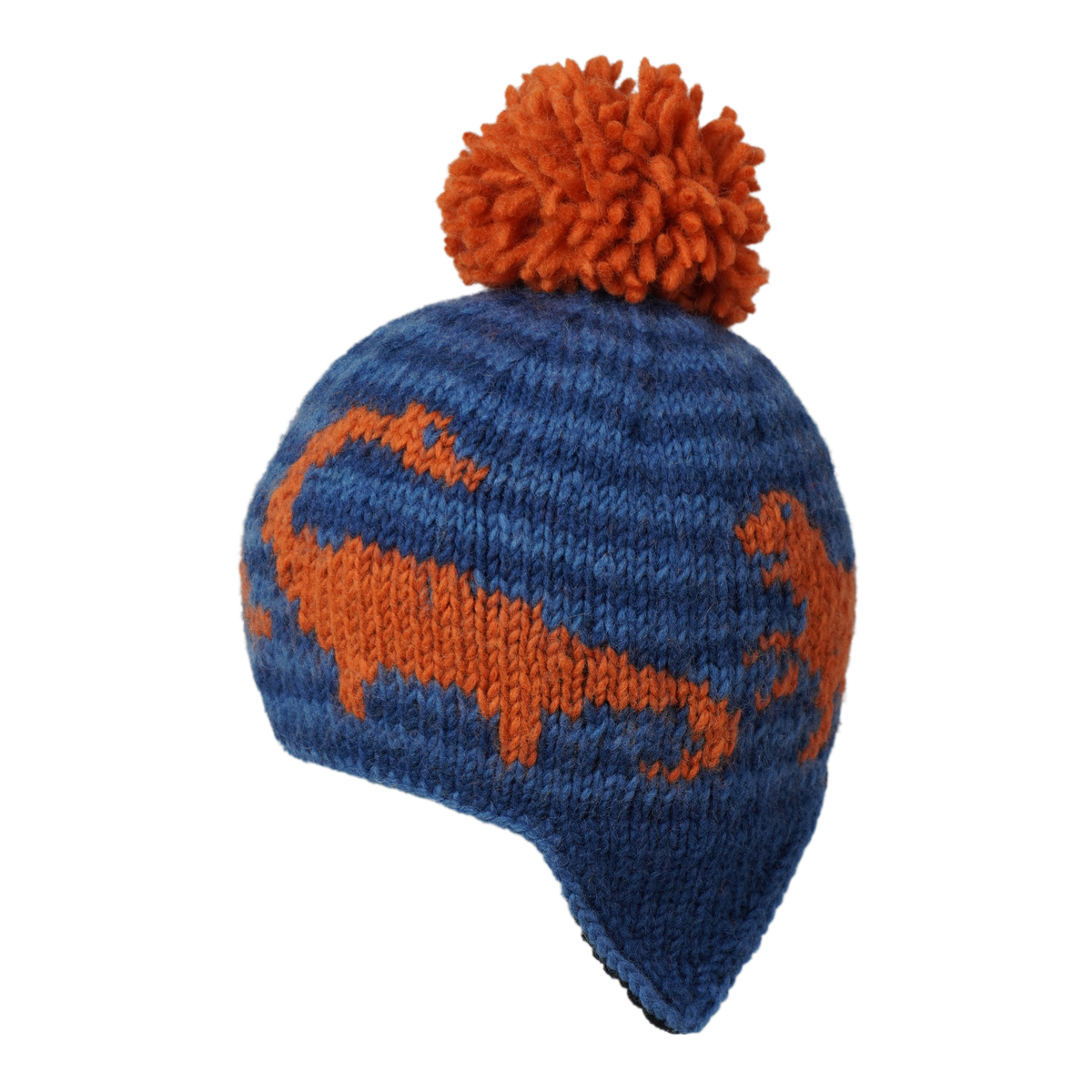 Ambler Dino handknit kids&#39; toque in blue with embroidered dinosaur pattern and contrast colour pom. 