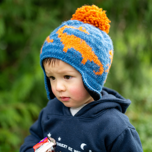 Boy wearing Ambler Dino handknit kids' toque in blue with embroidered dinosaur pattern and contrast colour pom.