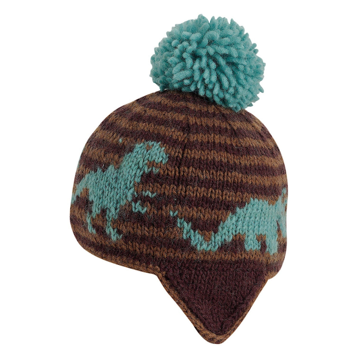 Ambler Dino handknit kids&#39; toque in espresso with embroidered dinosaur pattern and contrast colour pom.