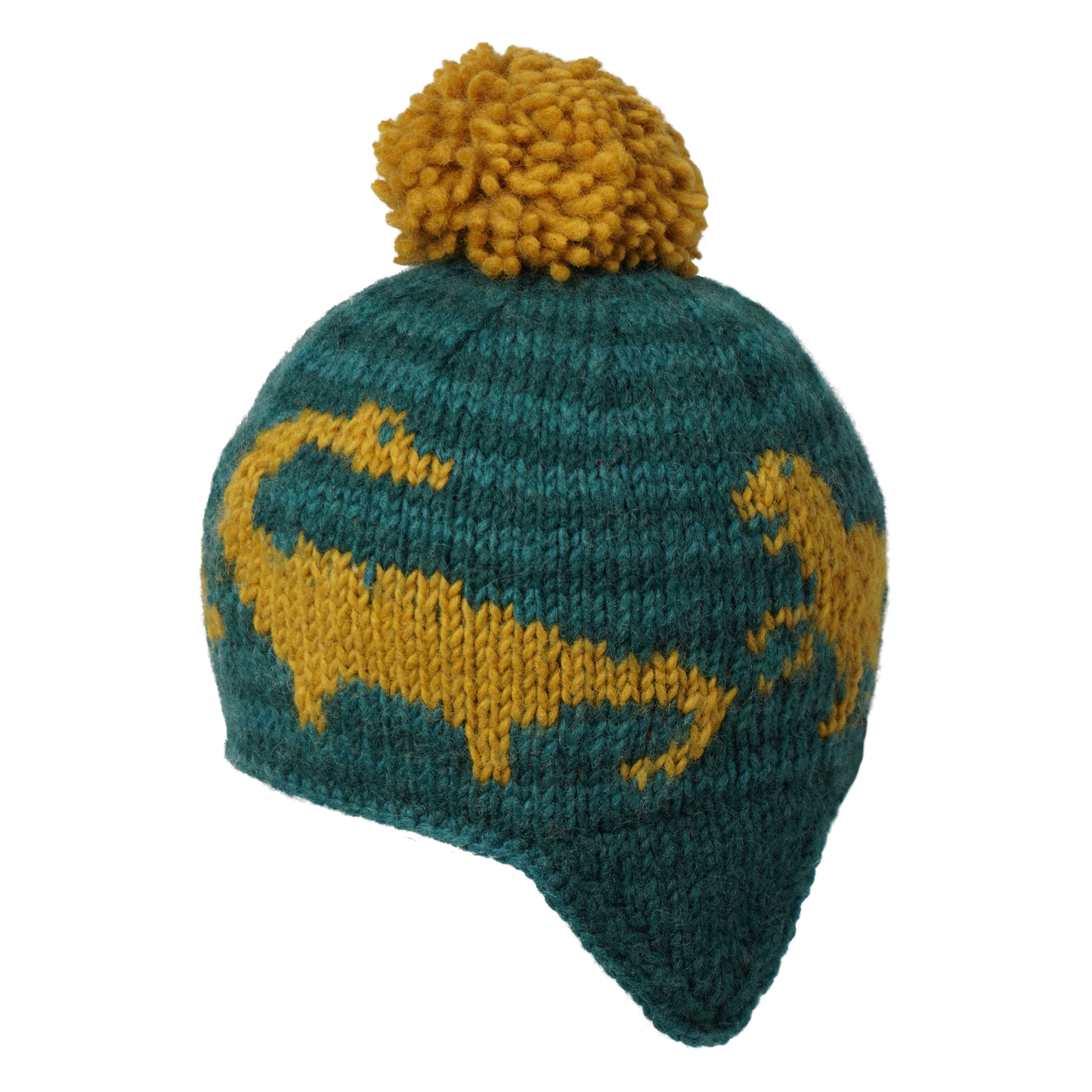 Ambler Dino handknit kids' toque in forest with embroidered dinosaur pattern and contrast colour pom. 
