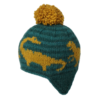 Ambler Dino handknit kids' toque in forest with embroidered dinosaur pattern and contrast colour pom. 