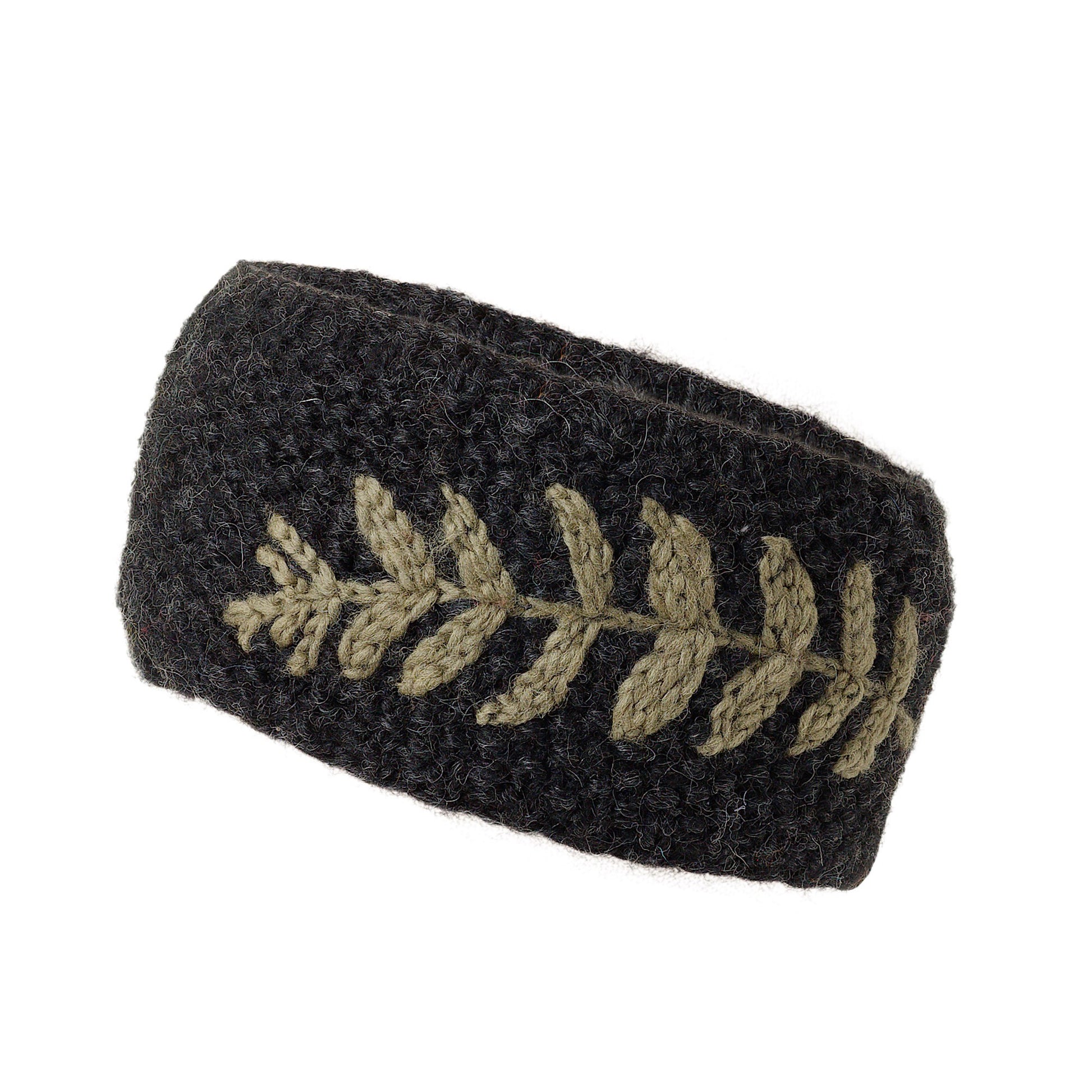 Ambler Ella handknit winter headband in heather charcoal with fern jacquard design.