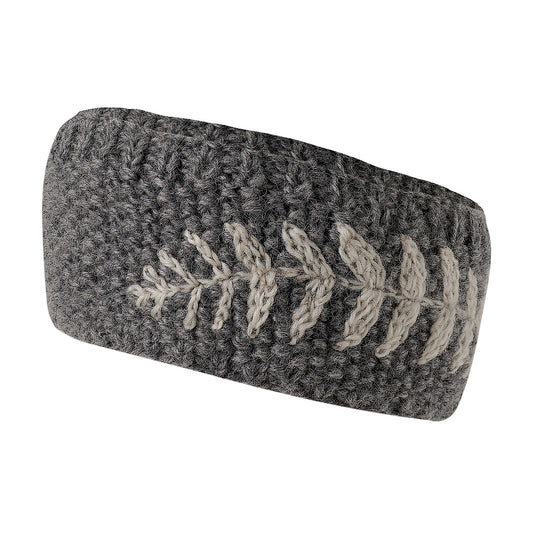 Ambler Ella handknit winter headband in heather grey with fern jacquard design.