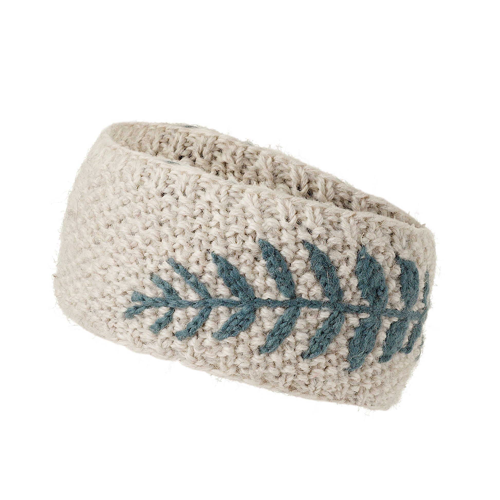 Ambler Ella handknit winter headband in heather stone with fern jacquard design.