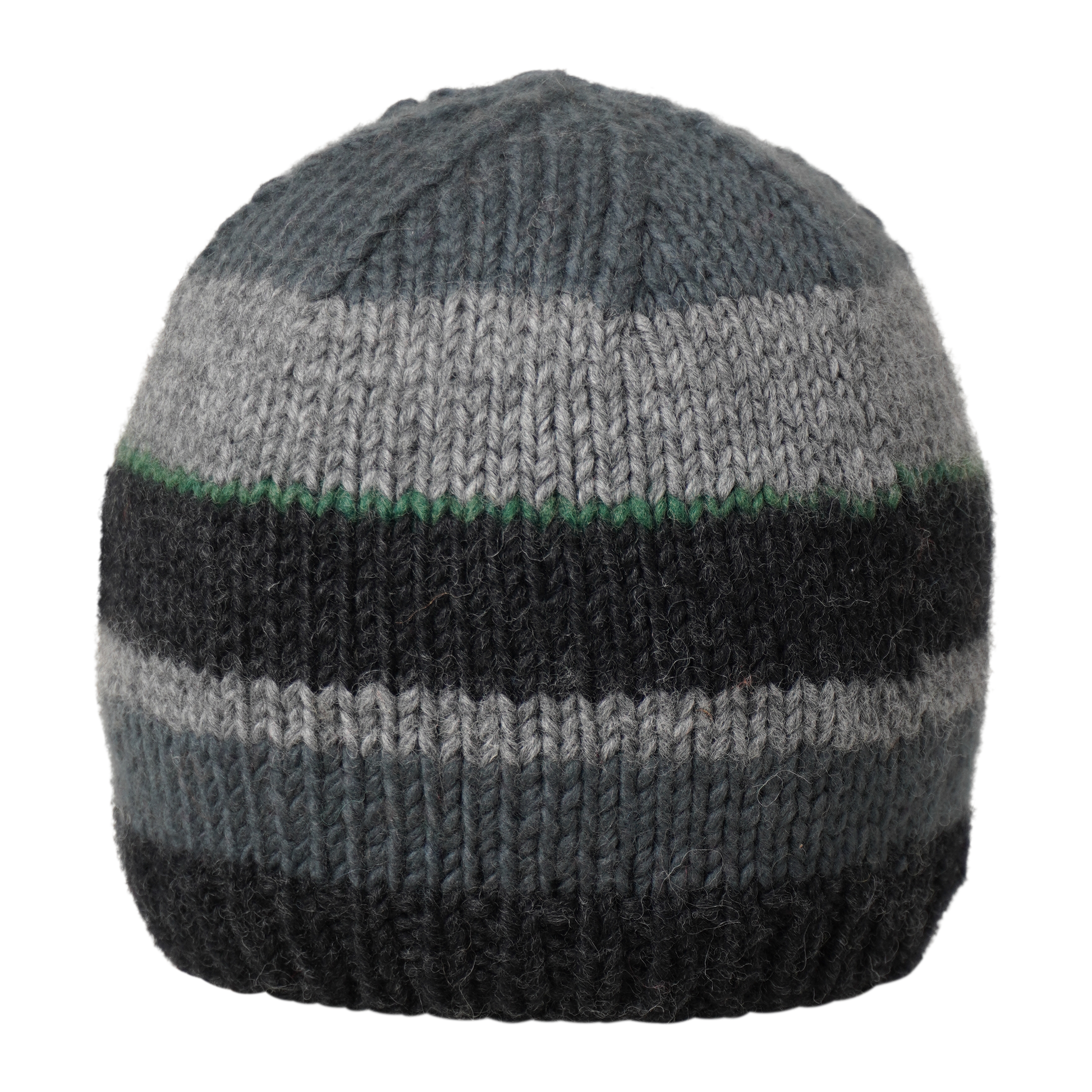 Ambler Eric handknit wool men's toque in charcoal with tricolour striped pattern and fleece headband. 