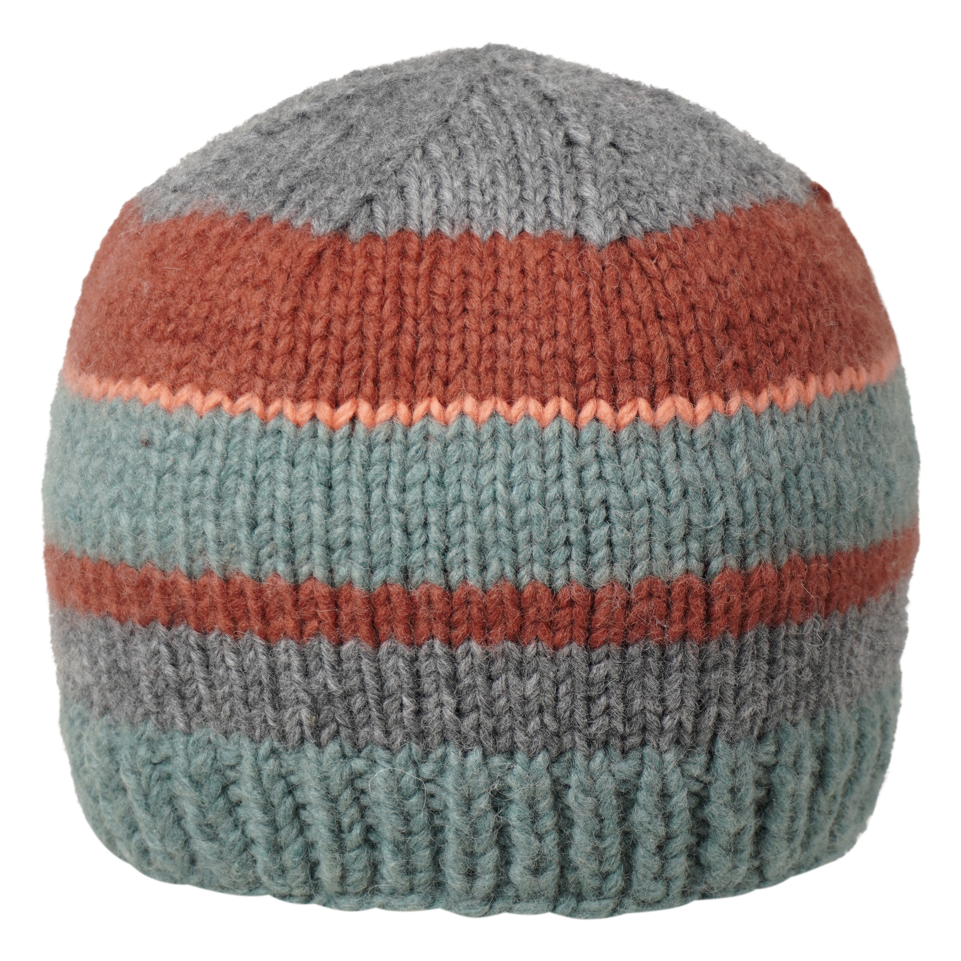 Ambler Eric handknit wool men's toque in eucalyptus with tricolour striped pattern. 
