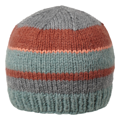Ambler Eric handknit wool men's toque in eucalyptus with tricolour striped pattern. 