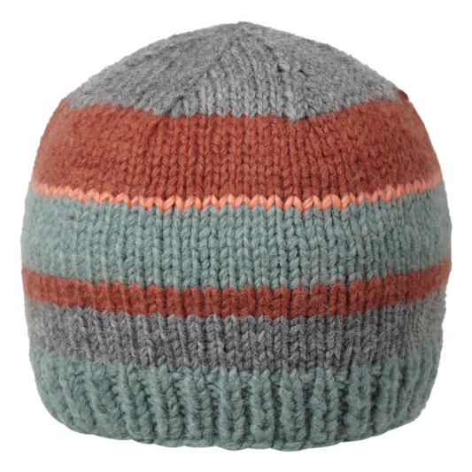 Ambler Eric handknit wool men's toque in eucalyptus with tricolour striped pattern. 