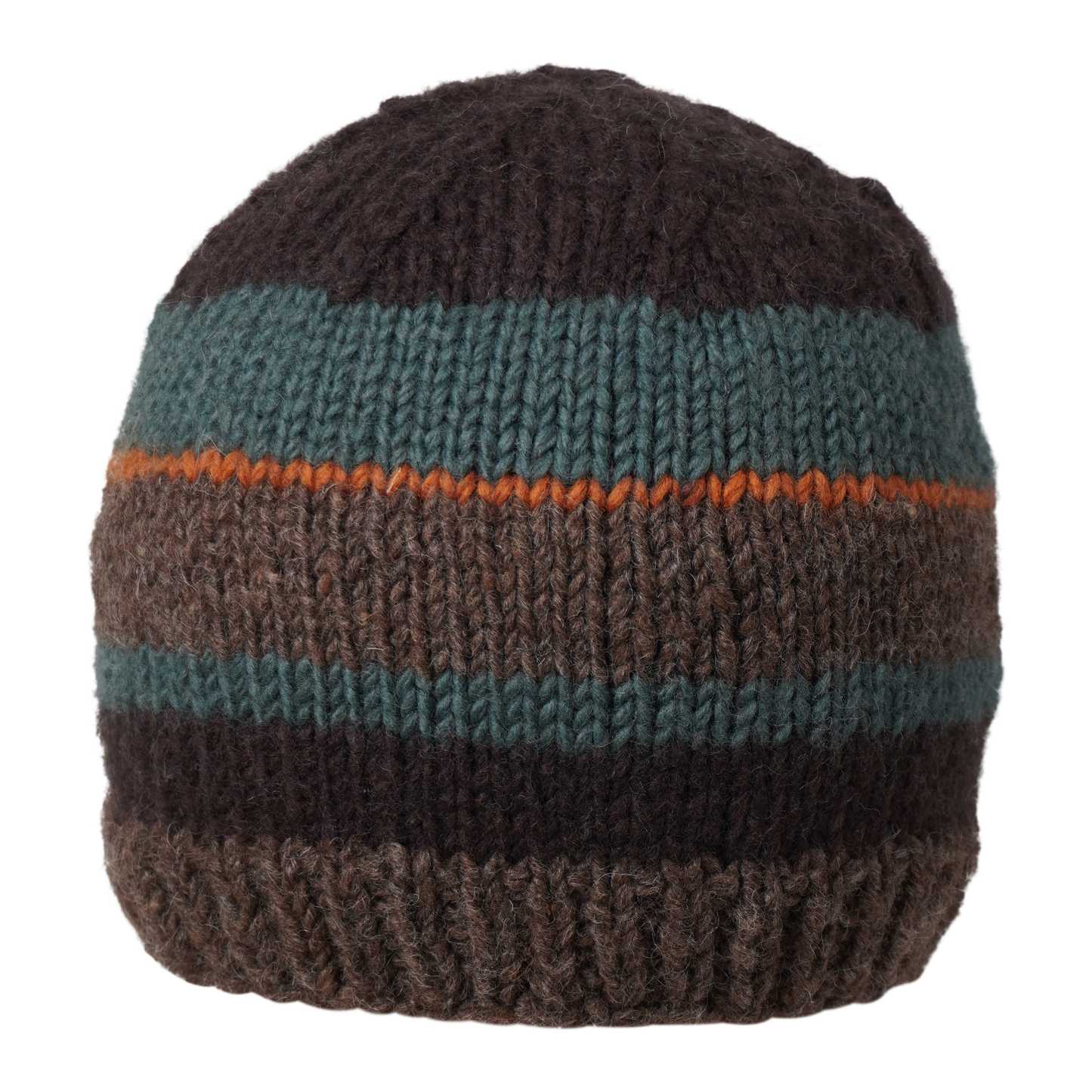 Ambler Eric handknit wool men's toque in heather brown with tricolour striped pattern. 