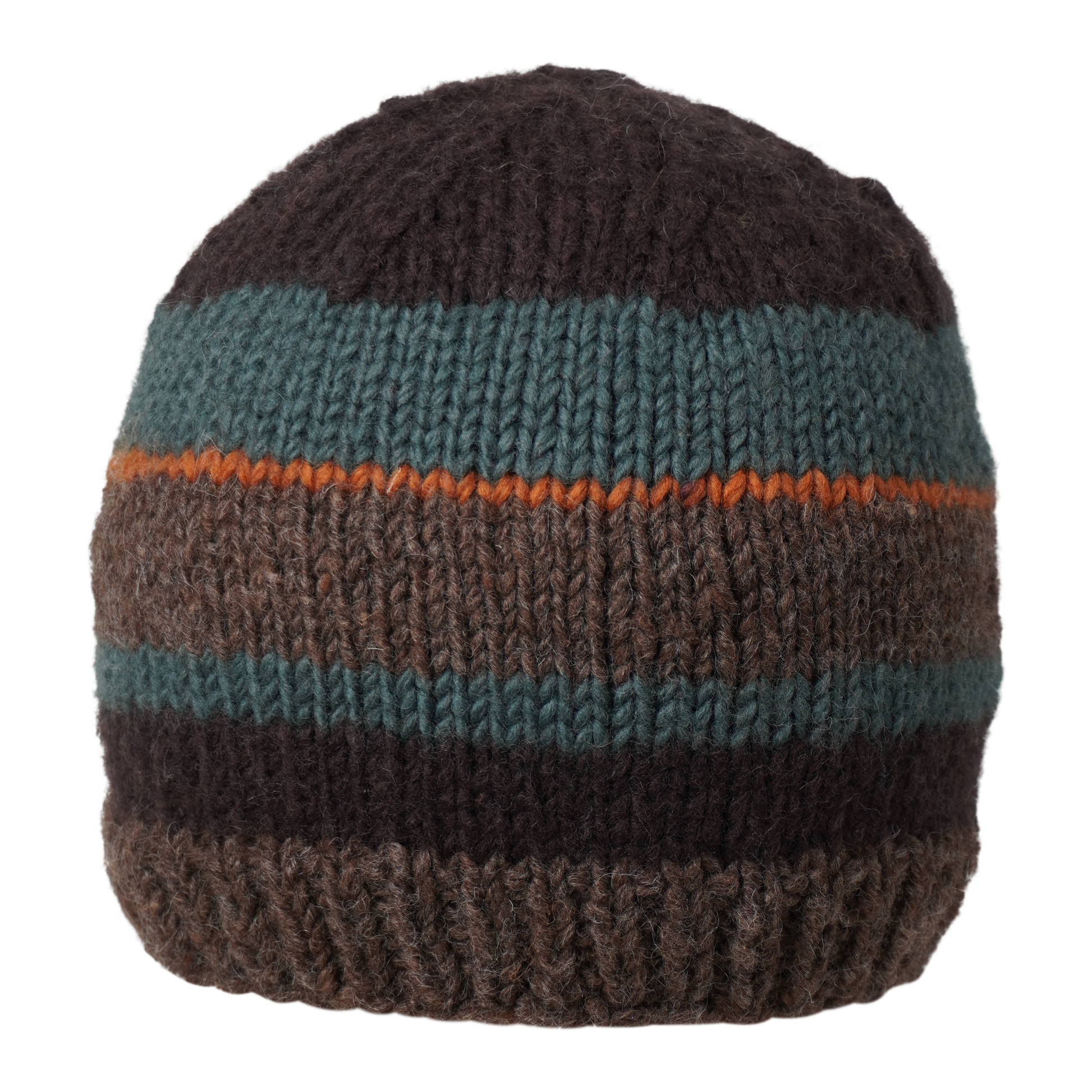 Ambler Eric handknit wool men's toque in heather brown with tricolour striped pattern. 