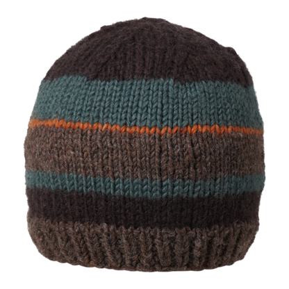 Ambler Eric handknit wool men's toque in heather brown with tricolour striped pattern. 