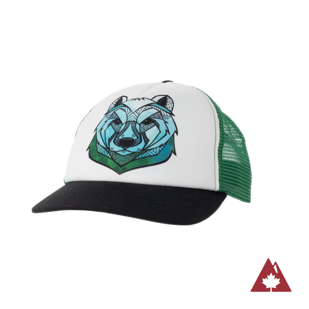 Kid's trucker hat with a black brim, green back and green bear face design on the white front panel. 