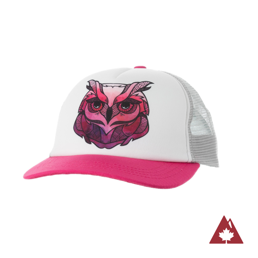 Kid&#39;s trucker hat with a pink brim, white back and pink owl face design on the white front panel. 