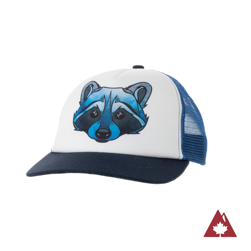 Kid's trucker hat with a navy brim, blue back and blue raccoon face design on the white front panel. 