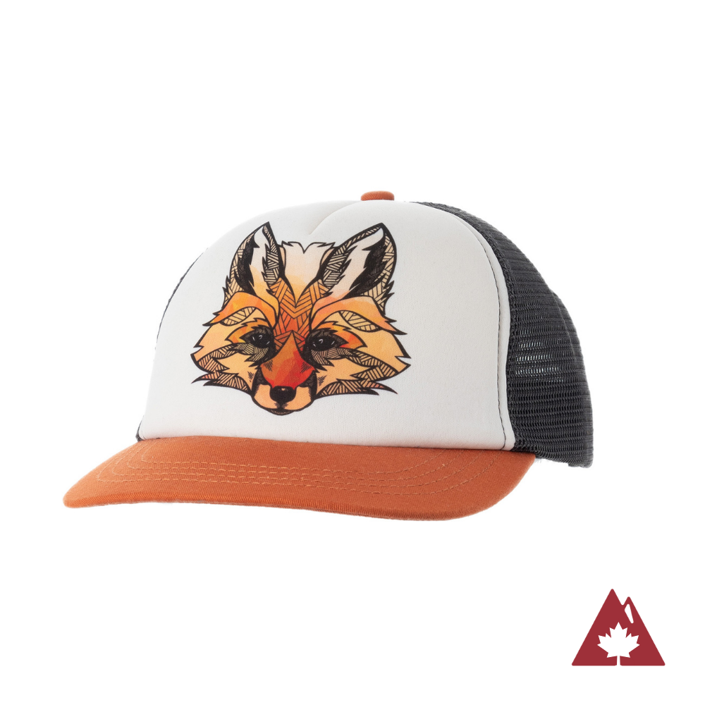Kid&#39;s trucker hat with an orange brim, black back and orange fox face design on the white front panel. 