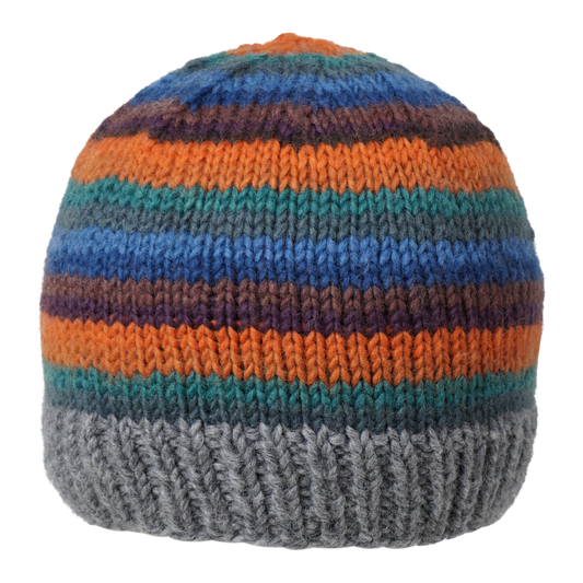Ambler Fiesta handknit men's toque in heather grey with striped design and ribbed cuff.  