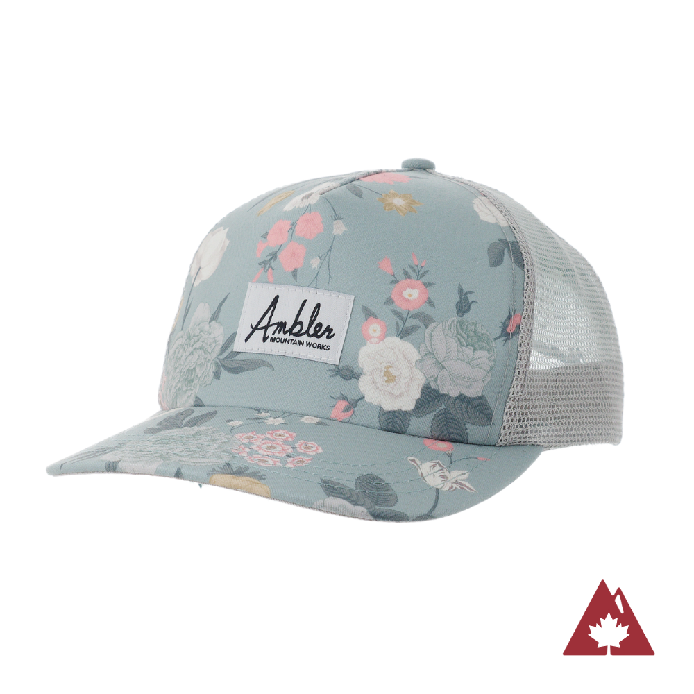 Floral-patterned trucker hat with an Ambler brand logo on a white background. 