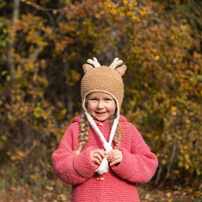 Ambler Forest handknit kids' toque in deer with knitted deer ears and coloured tassels. 